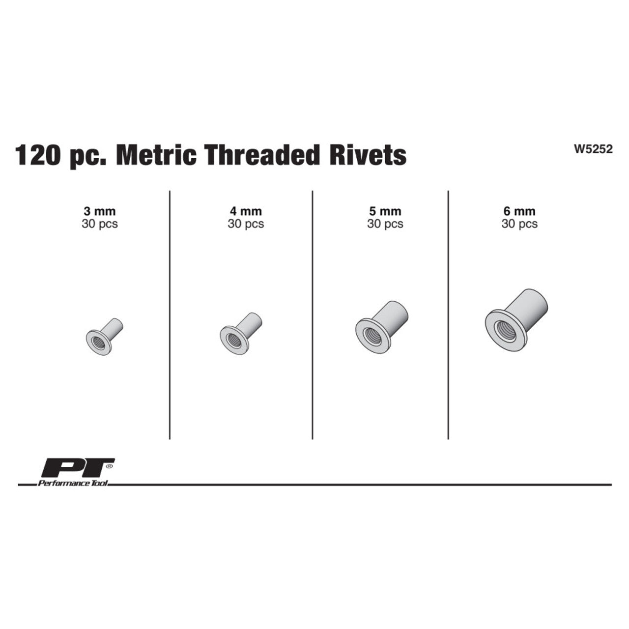 Performance Tool W5252 Metric Threaded Rivet Assortment 120 pc