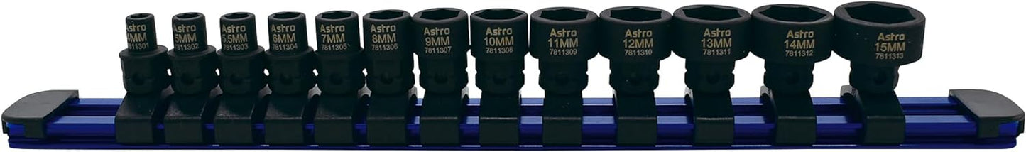 Astro Pneumatic 78113 13-Piece 1/4" Drive Low Profile Nano Impact Sockets - Metric