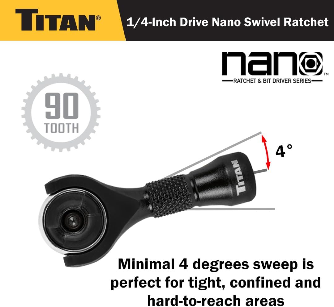 Titan 11332 2-Piece 1/4-Inch Drive x 2-1/4-Inch 90-Tooth Swivel Head Nano Ratchet and Ratcheting Bit Driver Set