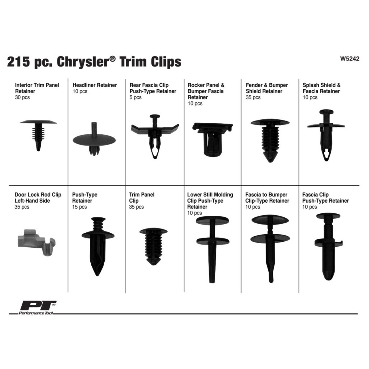 Performance Tool W5242 Chrysler Trim Clip Assortment 215 pc