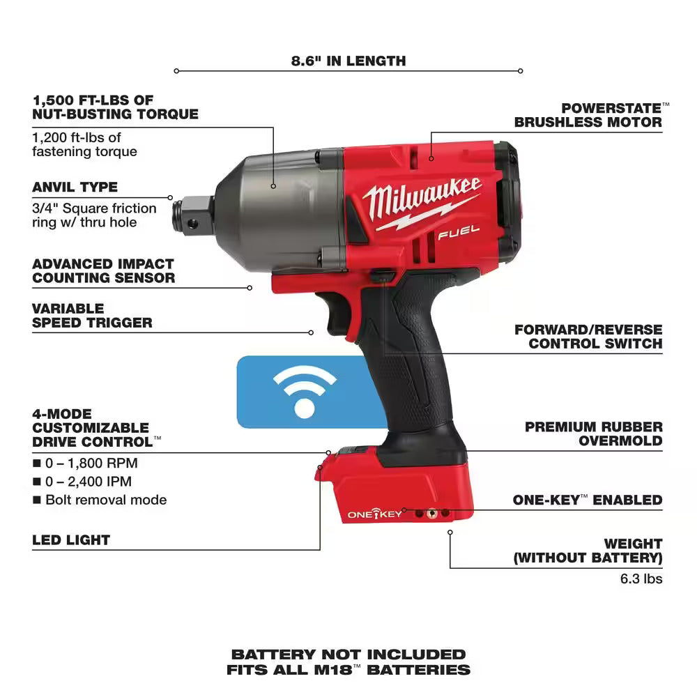 Milwaukee 2864-20 M18 FUEL ONE-KEY 18V Lithium-Ion Brushless Cordless 3/4 in. Impact Wrench + Free Socket Set