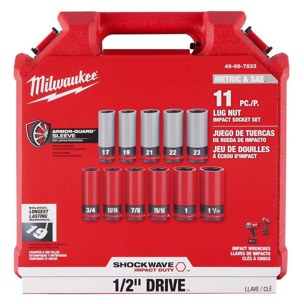 Milwaukee 49-66-7833 Shockwave Impact Duty 1/2 Drive SAE & Metric 11pc Lug Nut Wheel Socket Set
