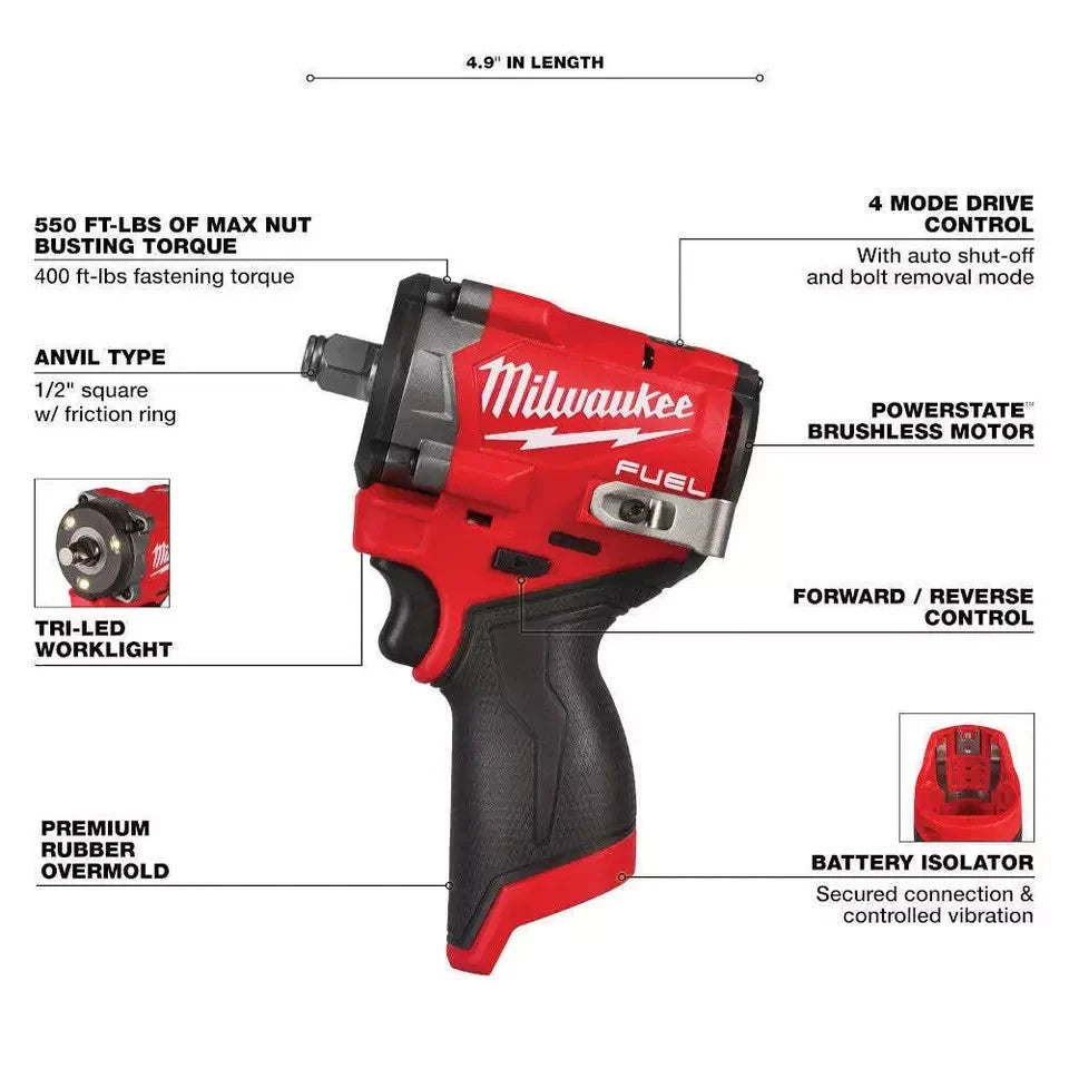 Milwaukee 2563-20 M12 FUEL 12V 1/2" Stubby Impact Wrench + (2) 3ah Batteries