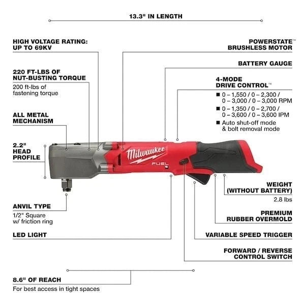 Milwaukee 2565-20 M12 Fuel 1/2" Right Angle Impact Wrench + (2) Batteries