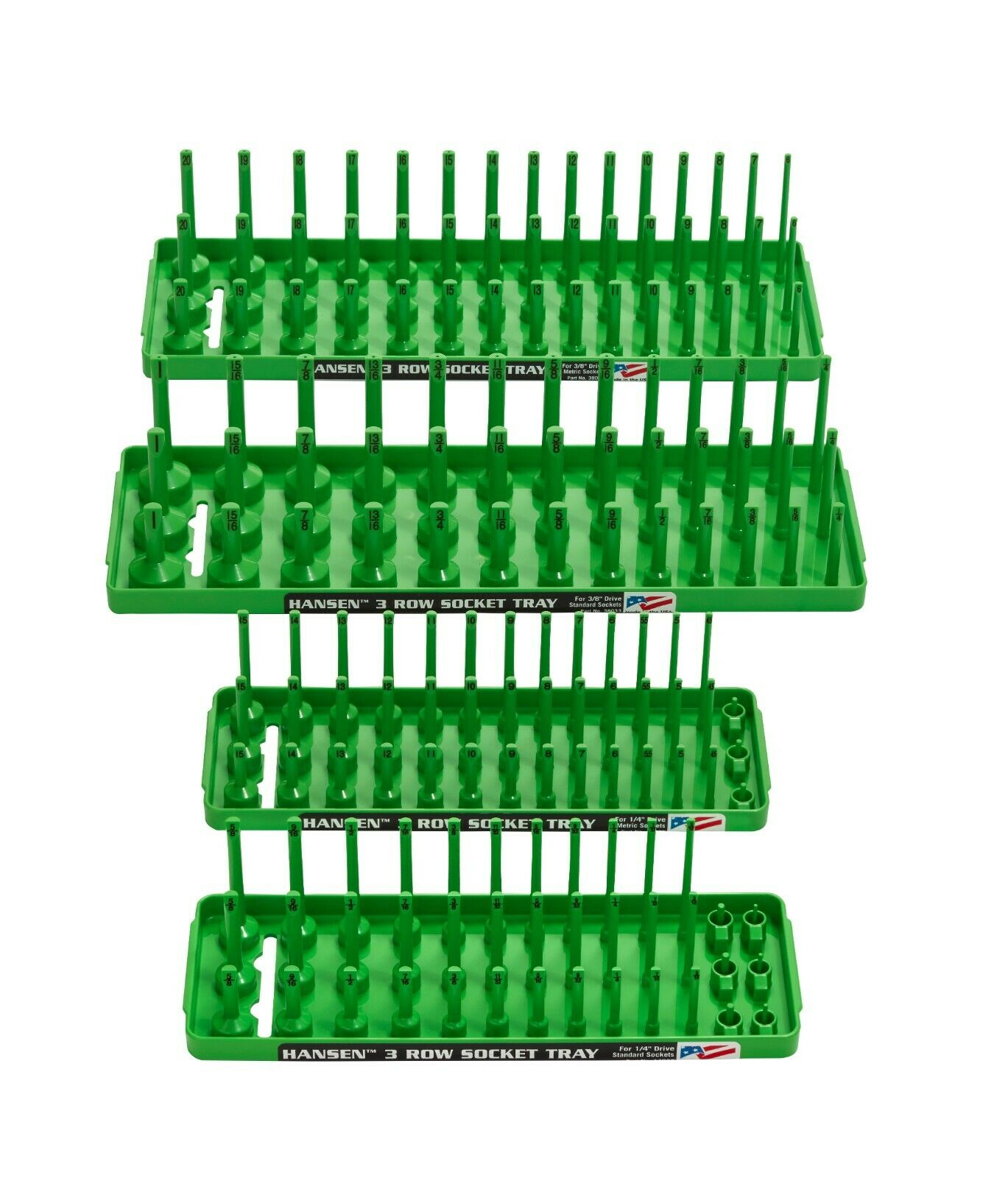 Hansen Global 92004 4pc 3-Row GREEN Socket Tray Set for SAE & METRIC 1/4" & 3/8"