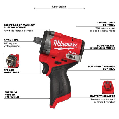 Milwaukee 2563-20 M12 FUEL Stubby Impact Wrench 1/2" + FREE Battery