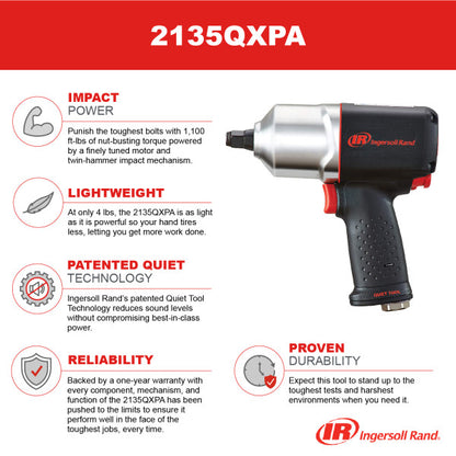 Ingersoll Rand 2135QXPA 1/2" Air Impact Wrench, Quiet, 1,100 ft-lbs Nut-Busting Torque