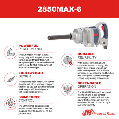 Ingersoll Rand 2850MAX-6 1" Air Impact Wrench, 6" Ext Anvil, 2100 ft-lb Torque