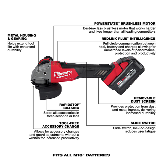 Milwaukee 2881-22 M18 FUEL 4-1/2" / 5" Grinder Slide Switch, Lock-On Kit + Free Gift