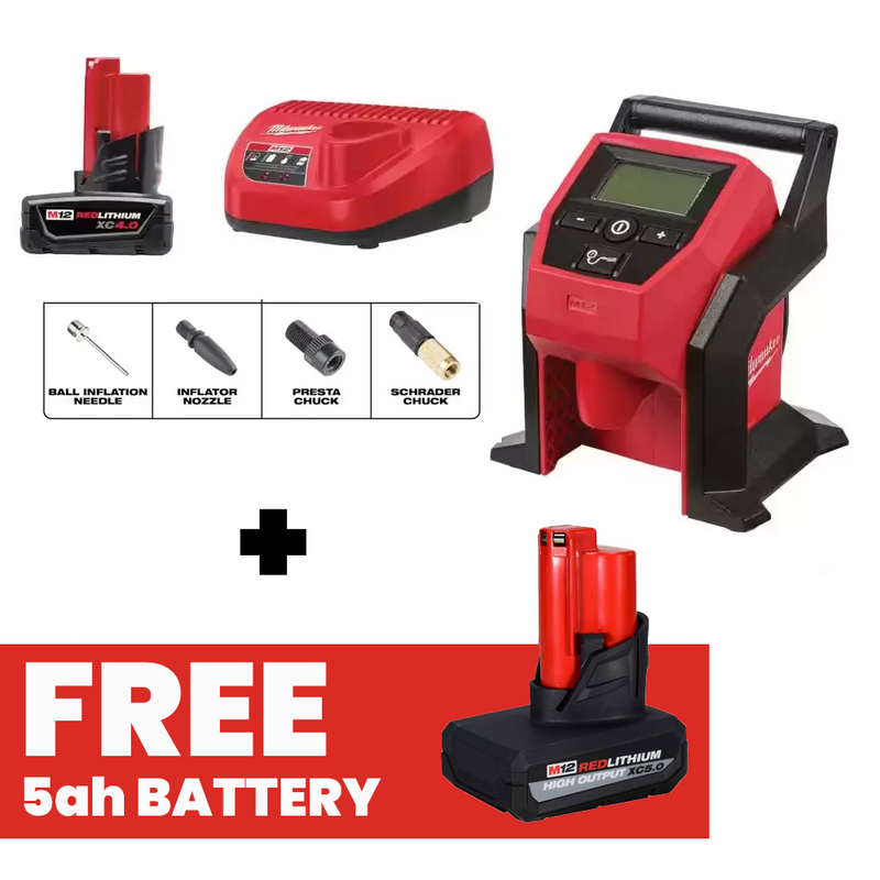 Load image into Gallery viewer, Milwaukee 2475-21XC M12 Cordless Compact Inflator Kit 120psi + FREE 5ah Battery
