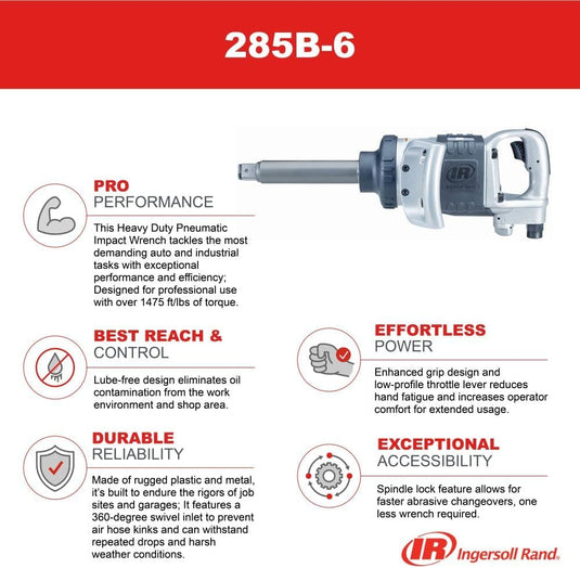 Ingersoll Rand 285B-6 HD 1" Pneumatic Air Impact Wrench 6" Extended Anvil