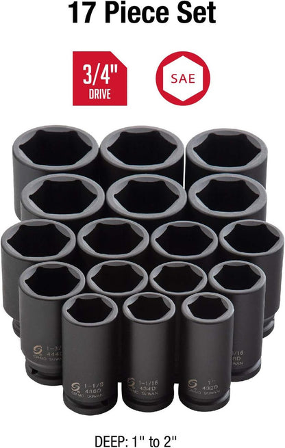 SUNEX 3/4" DRIVE 17 PIECE SAE DEEP IMPACT SOCKET SET (4685)