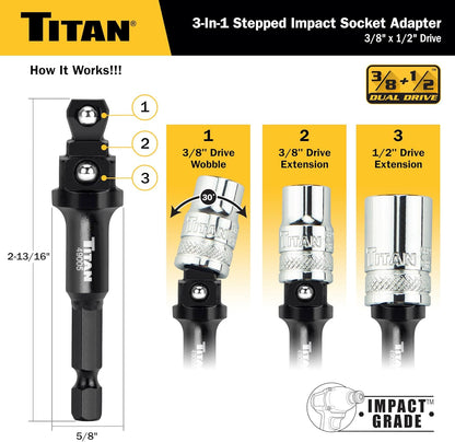 Titan 49005 3/8-Inch & 1/2-Inch Drive 3-in-1 Stepped Impact Socket Adapter, Mutli-Functional Dual Drive Adapter Works as 3/8" Drive Wobble, 3/8" Drive Straight, & 1/2" Drive Straight Extension