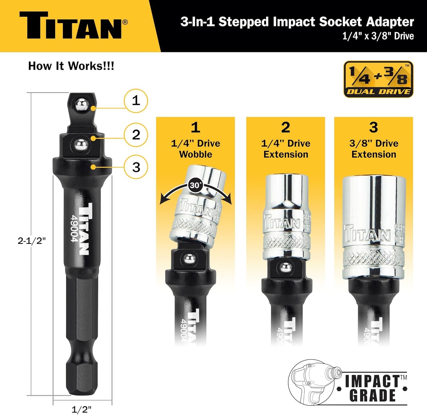 Titan 49004 1/4-Inch & 3/8-Inch Drive 3-in-1 Stepped Impact Socket Adapter, Mutli-Functional Dual Drive Adapter Works as 1/4" Drive Wobble, 1/4" Drive Straight, & 3/8" Drive Straigt Extension