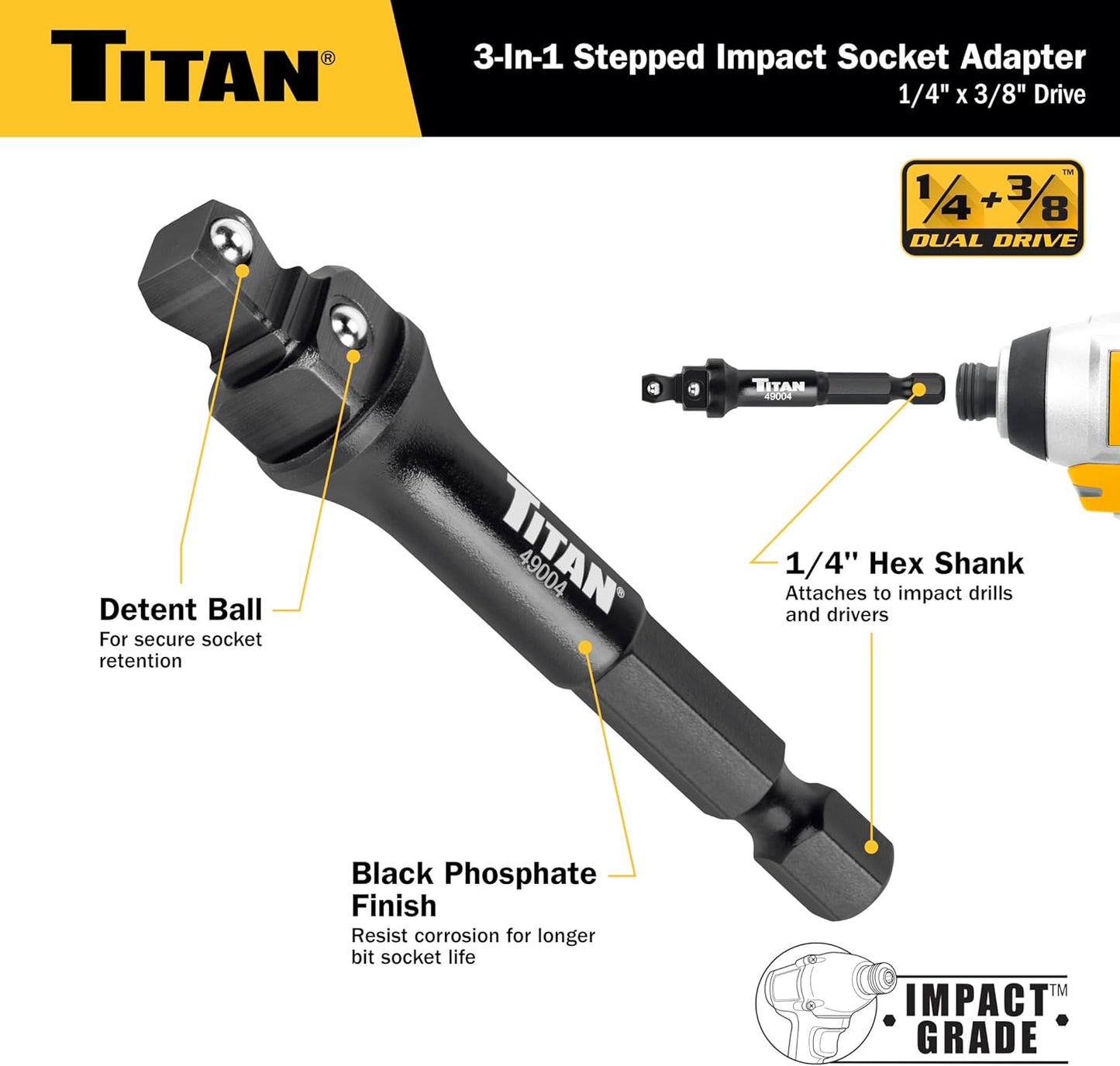 Titan 49004 1/4-Inch & 3/8-Inch Drive 3-in-1 Stepped Impact Socket Adapter, Mutli-Functional Dual Drive Adapter Works as 1/4" Drive Wobble, 1/4" Drive Straight, & 3/8" Drive Straigt Extension