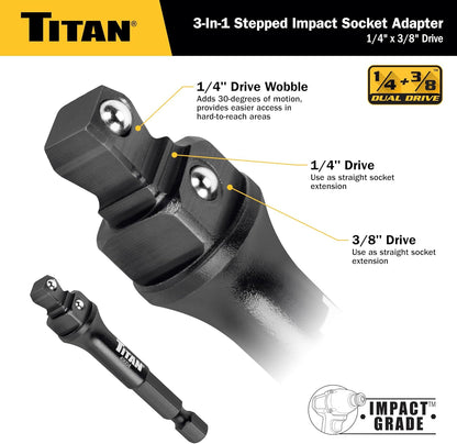 Titan 49004 1/4-Inch & 3/8-Inch Drive 3-in-1 Stepped Impact Socket Adapter, Mutli-Functional Dual Drive Adapter Works as 1/4" Drive Wobble, 1/4" Drive Straight, & 3/8" Drive Straigt Extension