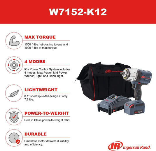 Ingersoll Rand W7152-K12 1/2" High-Torque 20V Cordless Impact Wrench Kit Free Battery & Boot