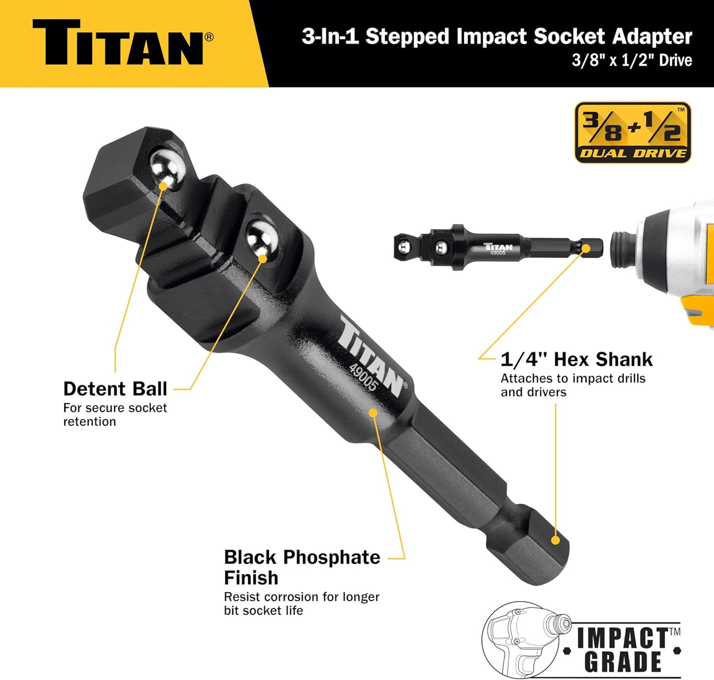 Titan 49005 3/8-Inch & 1/2-Inch Drive 3-in-1 Stepped Impact Socket Adapter, Mutli-Functional Dual Drive Adapter Works as 3/8" Drive Wobble, 3/8" Drive Straight, & 1/2" Drive Straight Extension