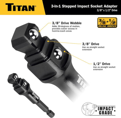 Titan 49005 3/8-Inch & 1/2-Inch Drive 3-in-1 Stepped Impact Socket Adapter, Mutli-Functional Dual Drive Adapter Works as 3/8" Drive Wobble, 3/8" Drive Straight, & 1/2" Drive Straight Extension