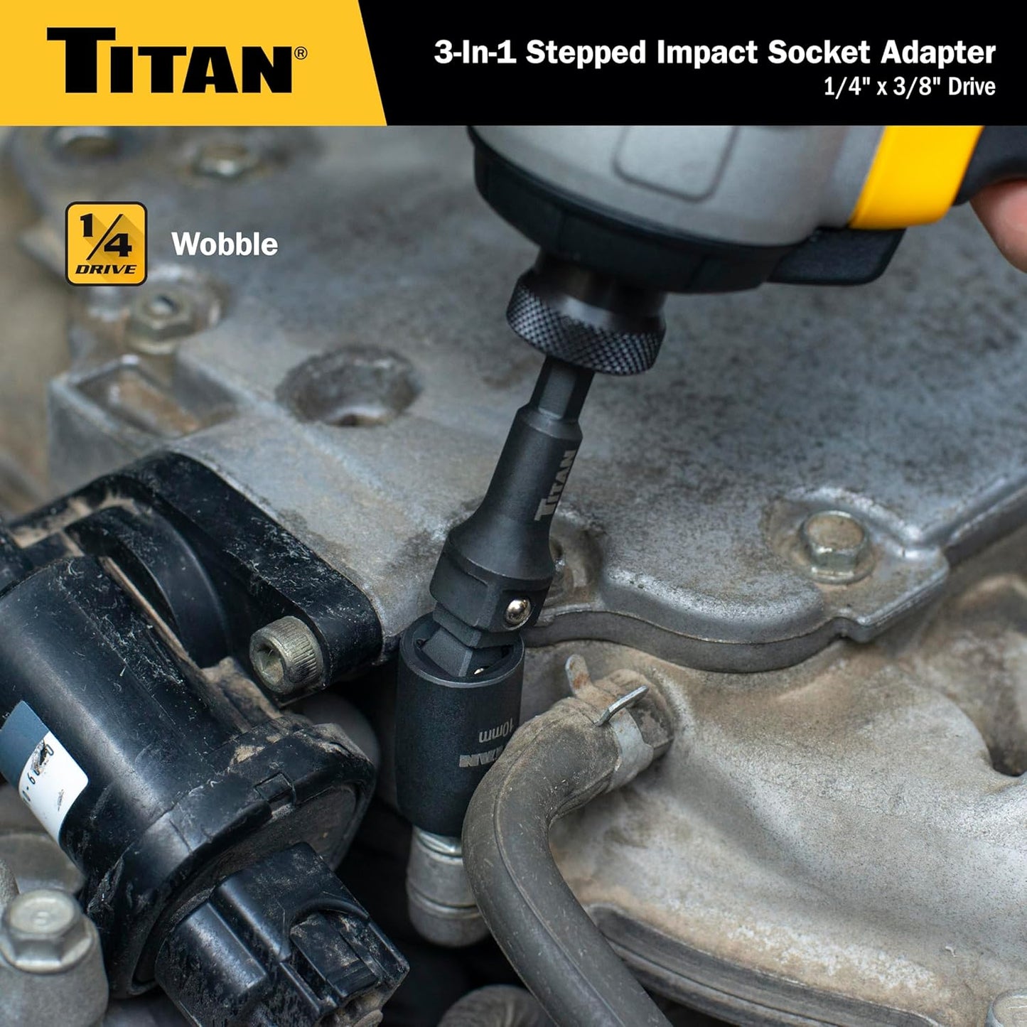 Titan 49004 1/4-Inch & 3/8-Inch Drive 3-in-1 Stepped Impact Socket Adapter, Mutli-Functional Dual Drive Adapter Works as 1/4" Drive Wobble, 1/4" Drive Straight, & 3/8" Drive Straigt Extension