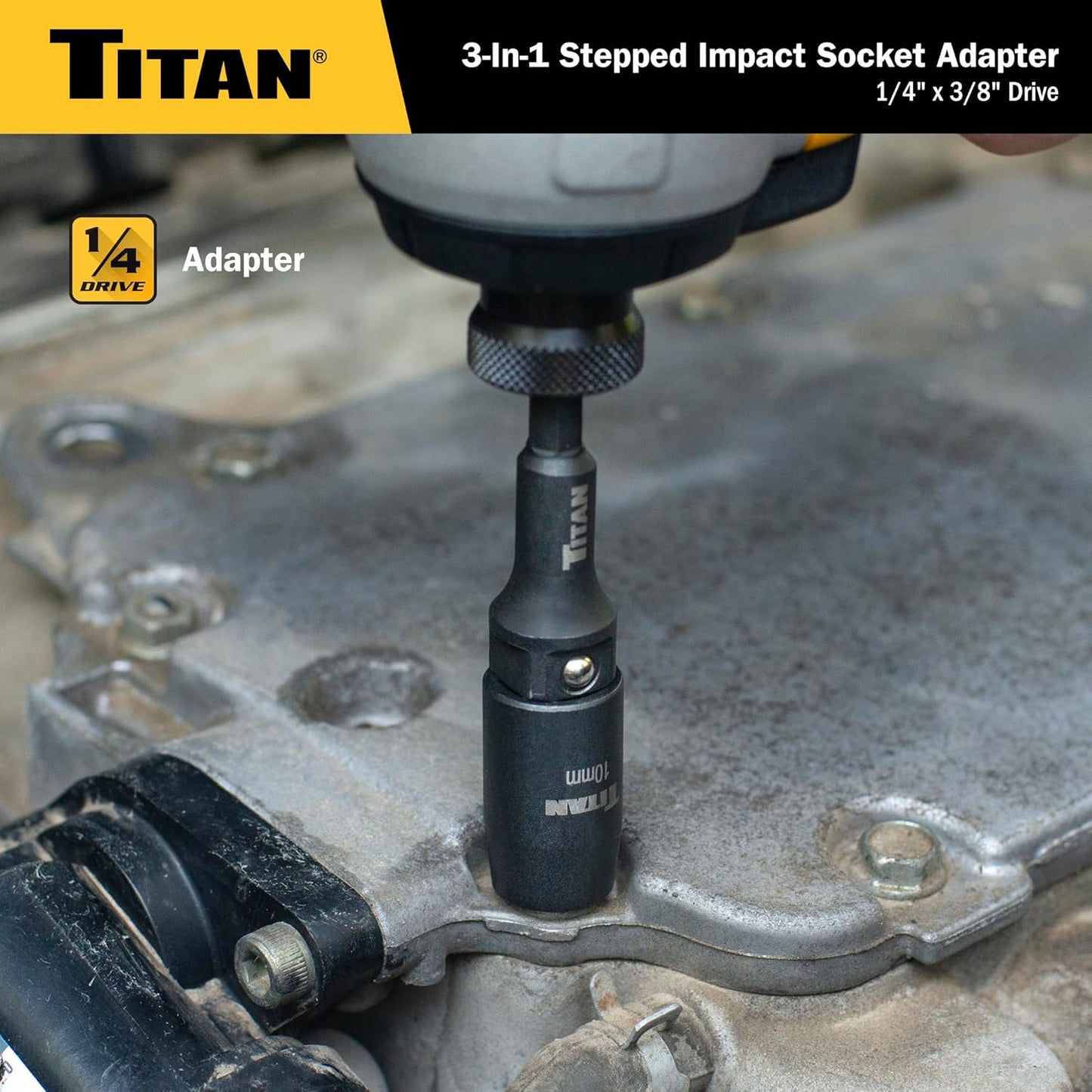 Titan 49004 1/4-Inch & 3/8-Inch Drive 3-in-1 Stepped Impact Socket Adapter, Mutli-Functional Dual Drive Adapter Works as 1/4" Drive Wobble, 1/4" Drive Straight, & 3/8" Drive Straigt Extension