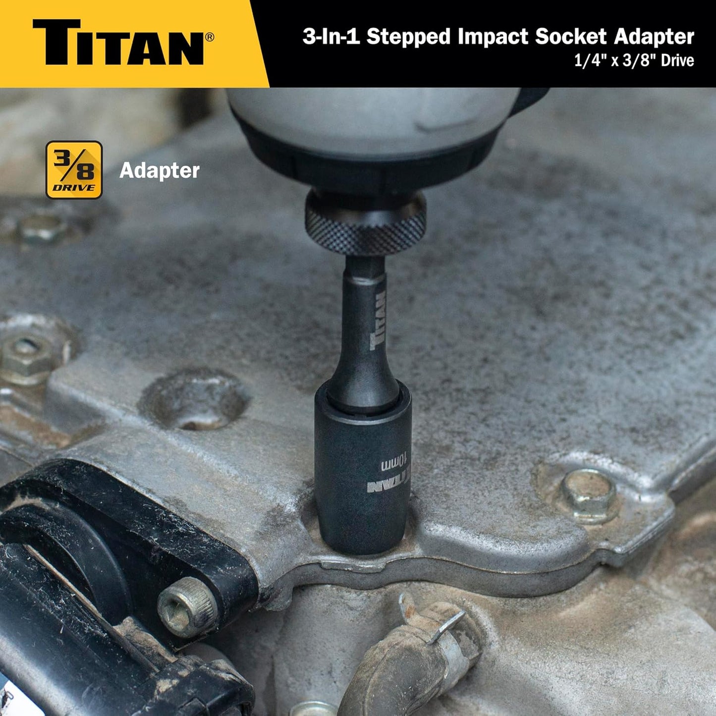 Titan 49004 1/4-Inch & 3/8-Inch Drive 3-in-1 Stepped Impact Socket Adapter, Mutli-Functional Dual Drive Adapter Works as 1/4" Drive Wobble, 1/4" Drive Straight, & 3/8" Drive Straigt Extension