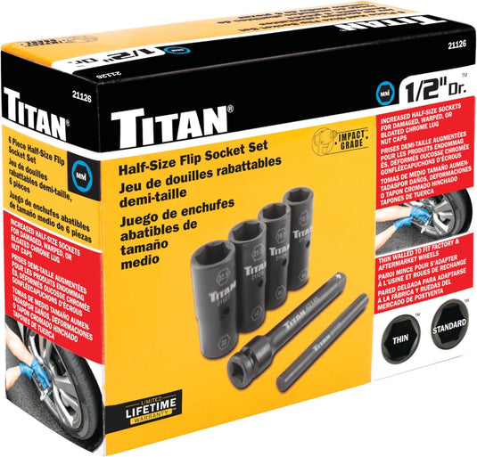 Titan 21126 Half-Size Flip Socket Set 1/2" for Lug Nut Removal