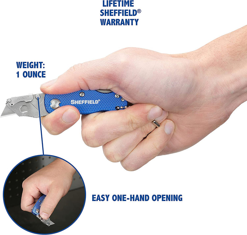 Load image into Gallery viewer, Sheffield 12116 Mini Ultimate Lock Back Utility Knife | Cut Boxes, Paper, Twine, etc. | Extra Quick-Change Blades Can Be Stored in Handle | Durable &amp; Light Weight | Steel Blades, Aluminum Handle |Blue
