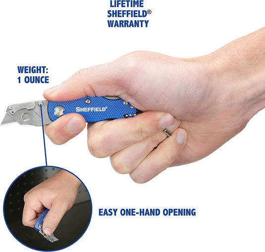 Sheffield 12116 Mini Ultimate Lock Back Utility Knife | Cut Boxes, Paper, Twine, etc. | Extra Quick-Change Blades Can Be Stored in Handle | Durable & Light Weight | Steel Blades, Aluminum Handle |Blue