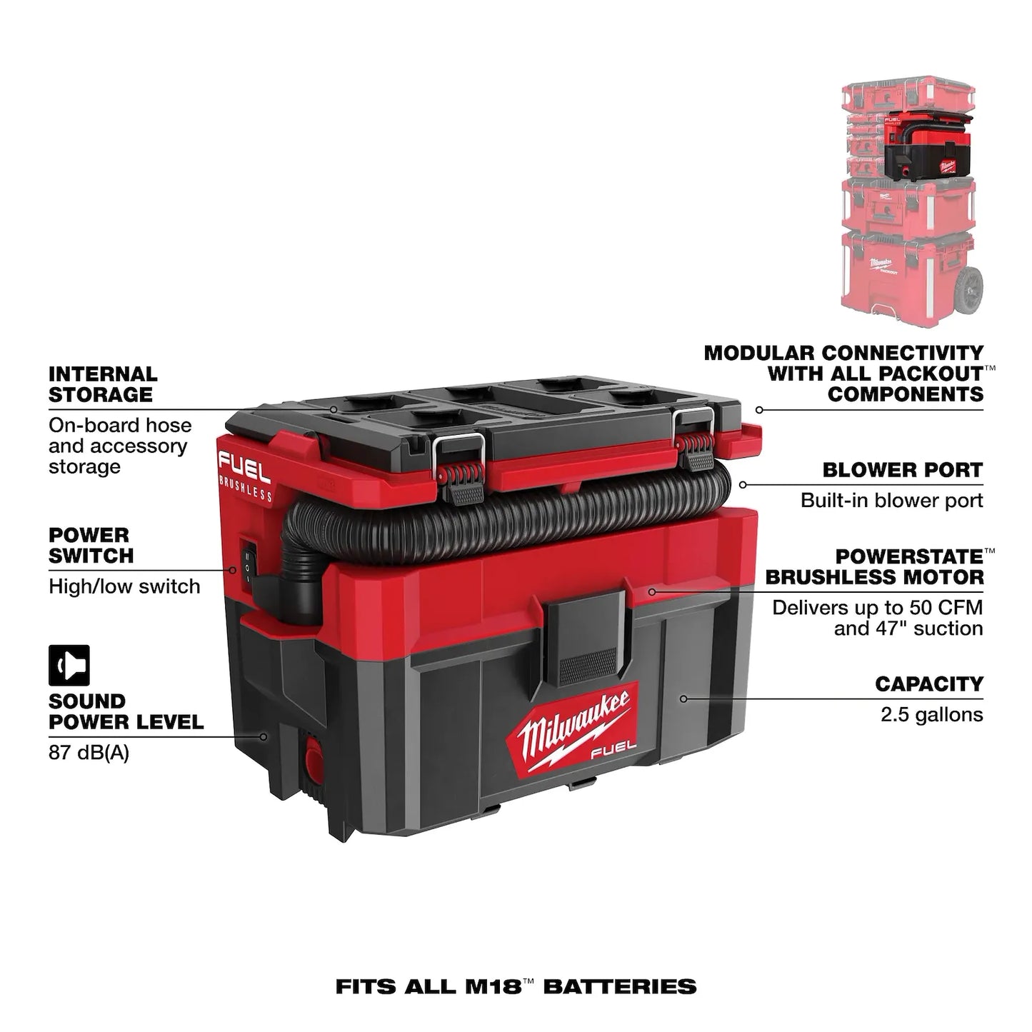 Milwaukee 0970-20 M18 FUEL 2.5 Gallon Wet/Dry Vacuum w/ PACKOUT Compatibility + FREE BATTERY