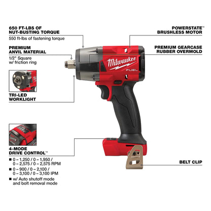Milwaukee 2962-20 M18 FUEL™ 1/2" Mid-Torque Impact Wrench w/ Friction Ring + FREE Battery