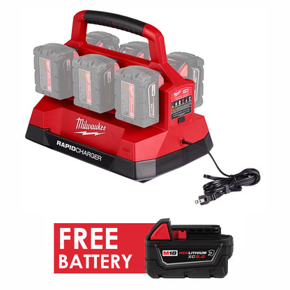 Milwaukee 48-59-1809 M18 Six Bay Rapid Charger w/ PACKOUT Compatibility + FREE Battery