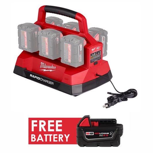 Milwaukee 48-59-1809 M18 Six Bay Rapid Charger w/ PACKOUT Compatibility + FREE Battery