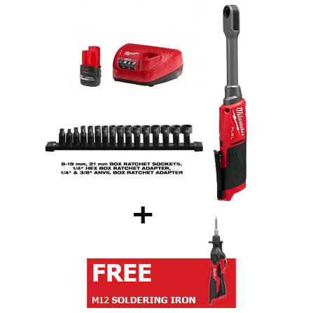 Milwaukee 3050-21 M12 FUEL 12V INSIDER Extended Reach Box Ratchet Kit + FREE M12 Soldering Iron