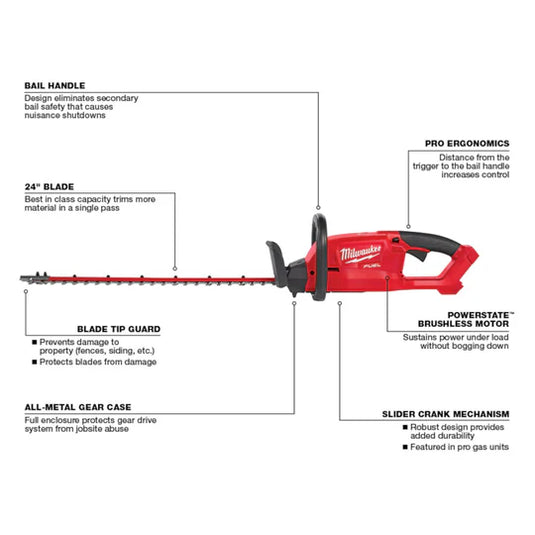 Milwaukee 2726-20 M18 FUEL 24-Inch Cordless Ergonomic Hedge Trimmer + Free Battery