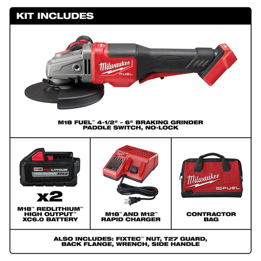 Milwaukee 2980-22 M18 FUEL 4-1/2" 6" Grinder, PADDLE SWITCH NO-LOCK 2 Batt Kit - Free Gift