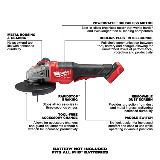 Milwaukee 2980-22 M18 FUEL 4-1/2" 6" Grinder, PADDLE SWITCH NO-LOCK 2 Batt Kit - Free Gift