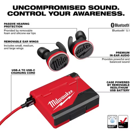 Milwaukee 2191-21 Redlithium USB Cordless Bluetooth Jobsite Earbuds Milwaukee Headphones