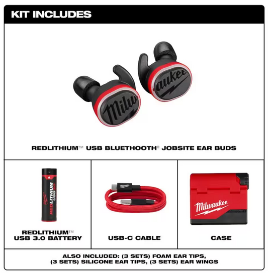 Milwaukee 2191-21 Redlithium USB Cordless Bluetooth Jobsite Earbuds Milwaukee Headphones