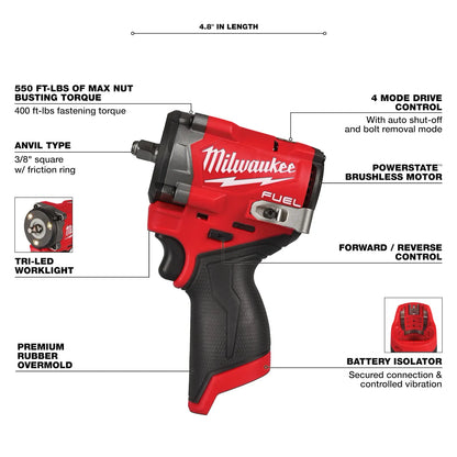 Milwaukee 2562-20 M12 FUEL Stubby Impact 3/8" + FREE Battery