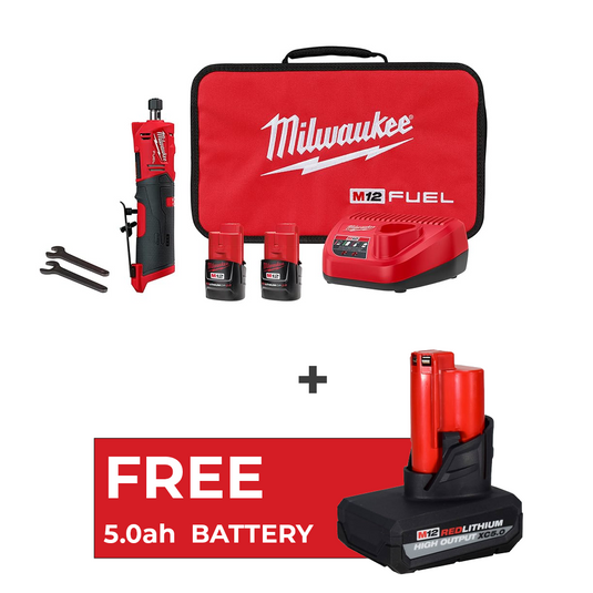 Milwaukee 2486-22 M12 FUEL M12 REDLITHIUM Battery Straight Die Grinder Kit + 5ah Battery