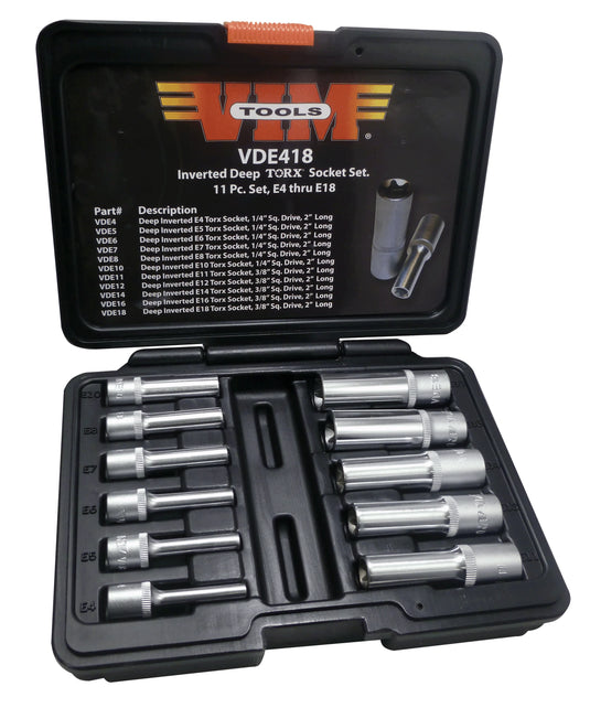 VIM VDE418 Deep TORX Socket Set, 11 pc. E4- E18, 1/4?Ç? & 3/8?Ç? square drives, in case