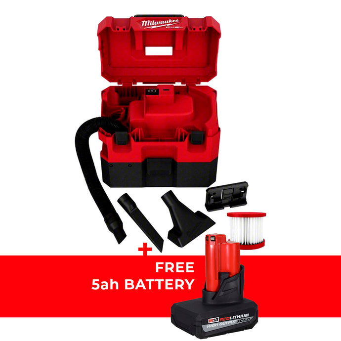 Milwaukee 0960-20 Wet/Dry Vacuum: 1.6 gal 12v Lithium Ion + Free Battery