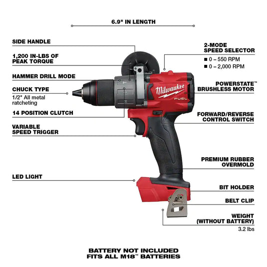 Milwaukee 2804-20 M18 FUEL 18V Lithium-Ion Brushless Cordless 1/2 in. Hammer Drill/Driver