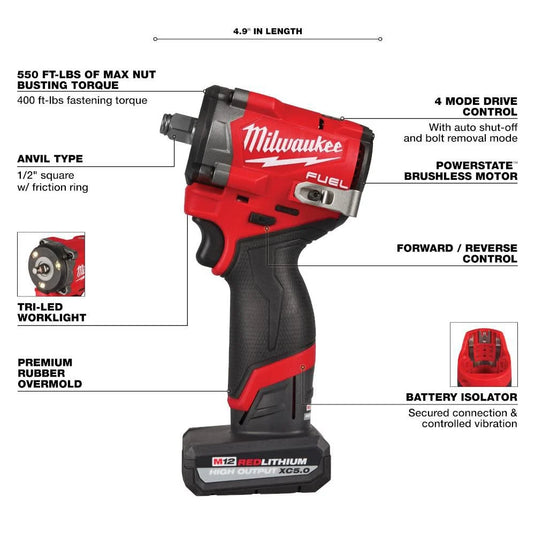 Milwaukee 2563-22 M12 FUEL Stubby 1/2 Inch Impact Wrench Kit