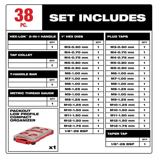 Milwaukee 49-22-5603 Metric Tap & Die PACKOUT Set w/ Hex-LOK 38 Piece