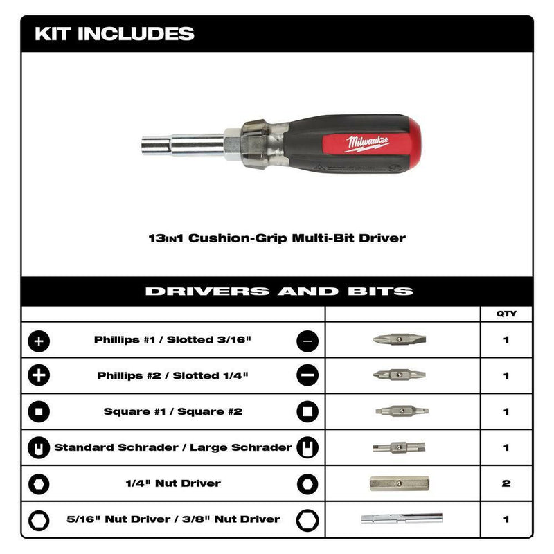 Load image into Gallery viewer, Milwaukee Multi Tip Cushion Grip Screwdriver Multibit Driver Schrader Bit 13in1
