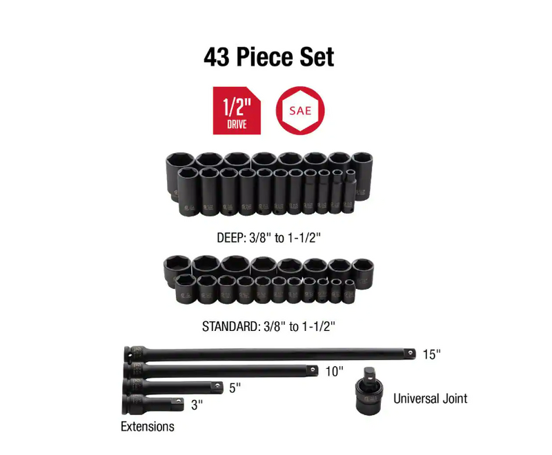 Load image into Gallery viewer, Sunex 2568 43pc Deep/Standard Impact Socket Set, 1/2&quot; Drive, SAE 3/8&quot; - 1-1/2&quot;
