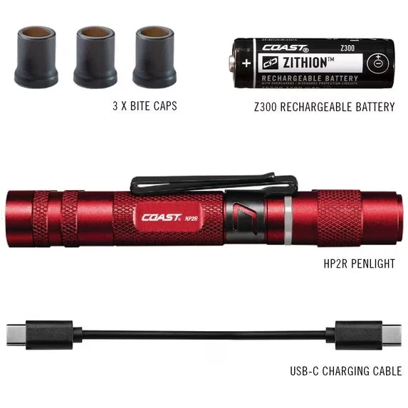 COAST Flashlights HP2R 280 Lumen Rechargeable Penlight with Twist Focus - Red