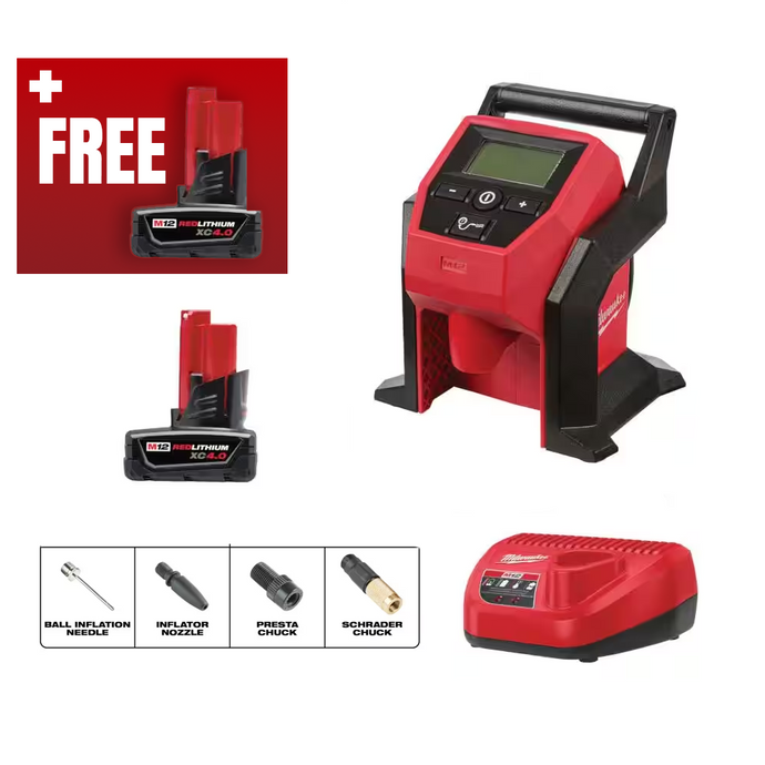 Milwaukee 2475-21XC M12 Cordless Compact Inflator Kit 120psi + FREE 4ah Battery